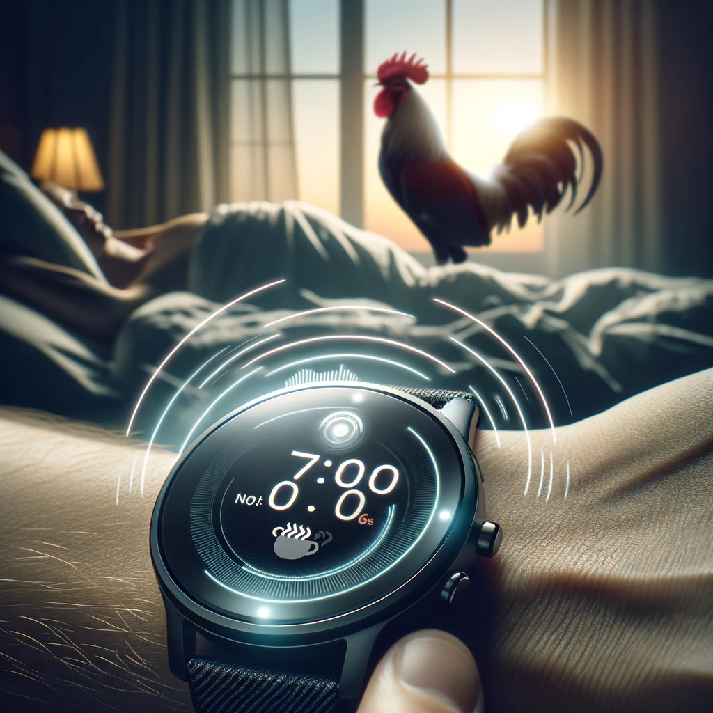 DALL·E 2024-05-13 11.48.10 - An early morning scene in a dimly lit bedroom, depicting a wrist with a smartwatch gently vibrating to wake up its wearer. The background subtly hints