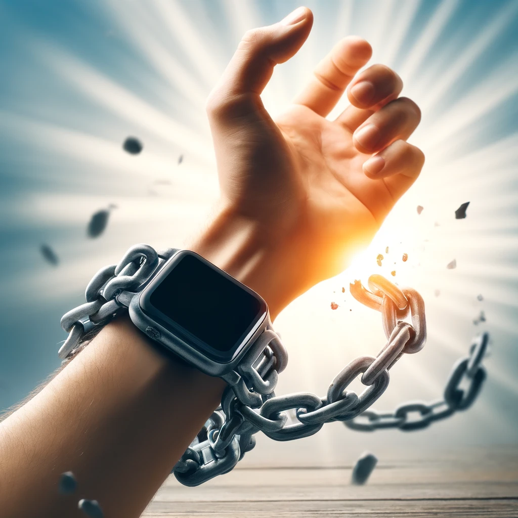 DALL·E 2024-05-13 11.49.47 - A powerful image showing a hand decisively removing a smartwatch, designed to resemble chains, from a wrist. This symbolizes a desire for freedom from