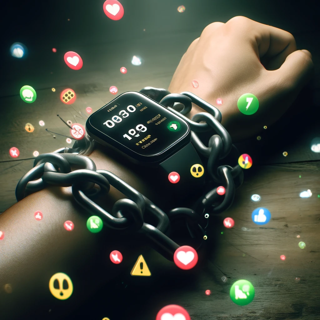 DALL·E 2024-05-13 11.50.36 - A symbolic representation of a smartwatch wrapping around a wrist like a chain, displaying various alerts such as sleep monitoring, step count, and ca