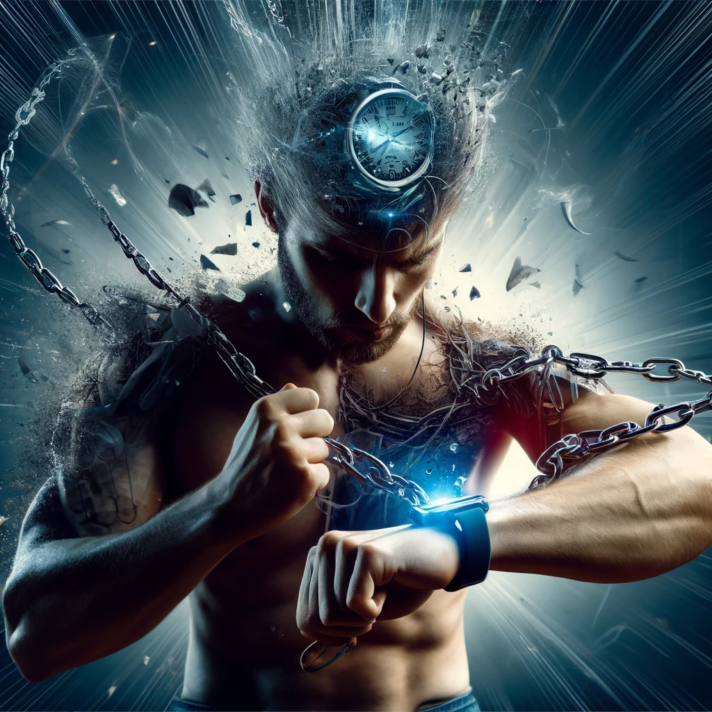DALL·E 2024-05-13 18.05.45 - A dramatic representation of a person looking at their smartwatch with frustration and exhaustion, as chains or wires visibly break around them, symbo