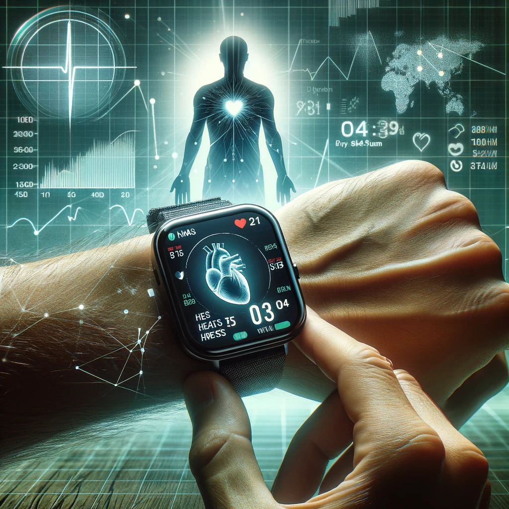 DALL·E 2024-05-13 18.05.57 - A detailed image showing a smartwatch displaying health statistics such as heart rate and stress levels on its screen, with clear graphics and data. T