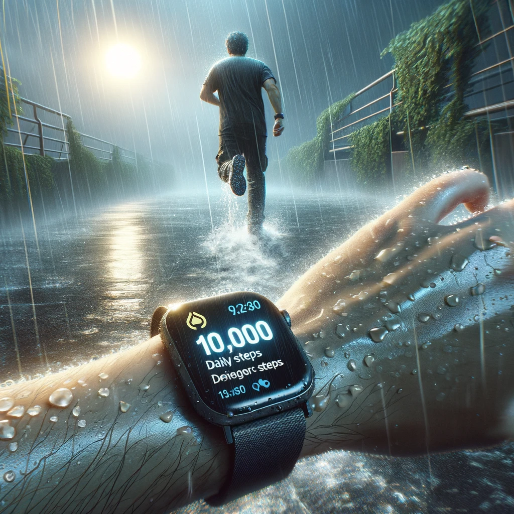 DALL·E 2024-05-13 18.06.42 - A photorealistic depiction of a person following the directives of their smartwatch to achieve 10,000 daily steps, regardless of the weather. The scen